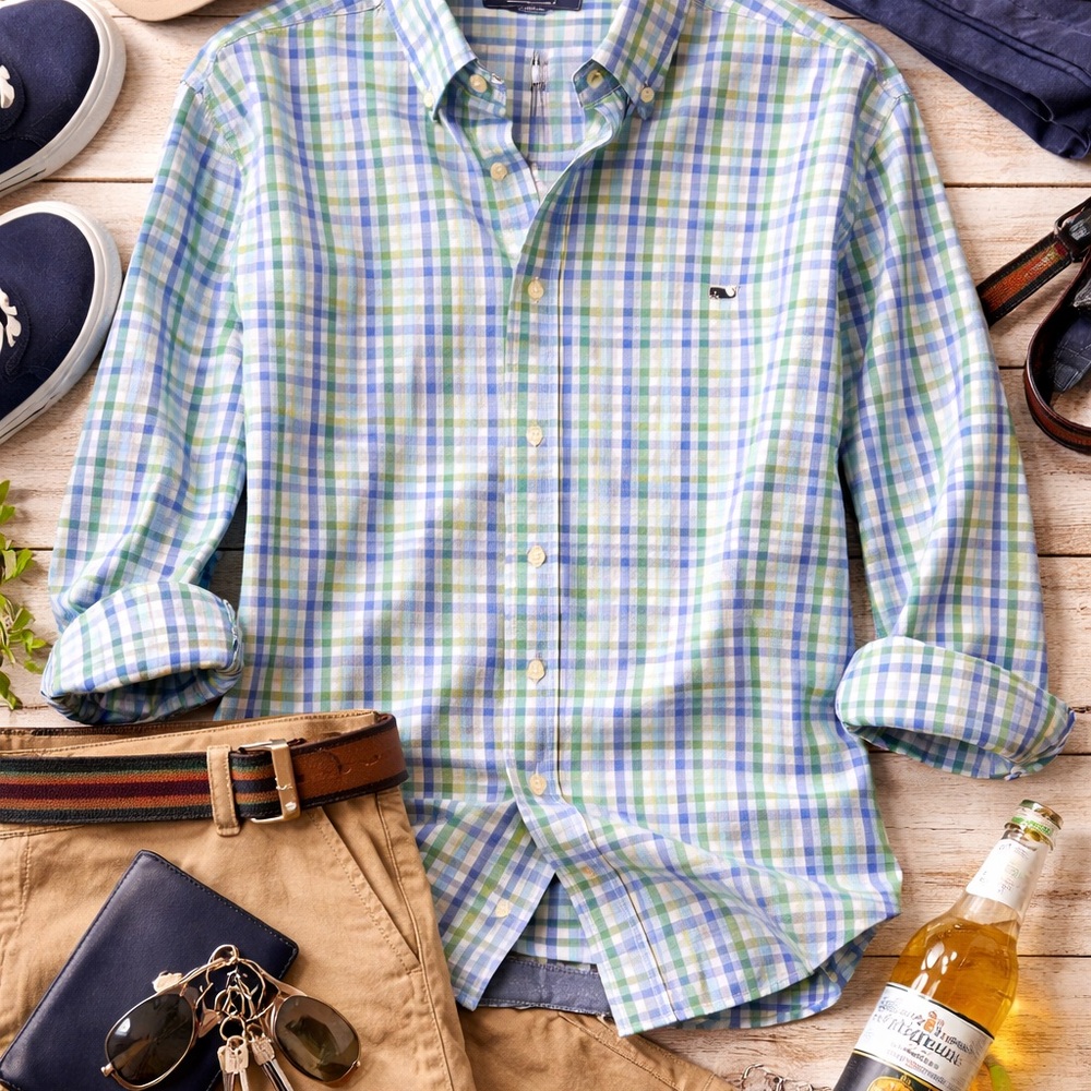 Vineyard Vines Blue and Green Plaid Button-Down Shirt